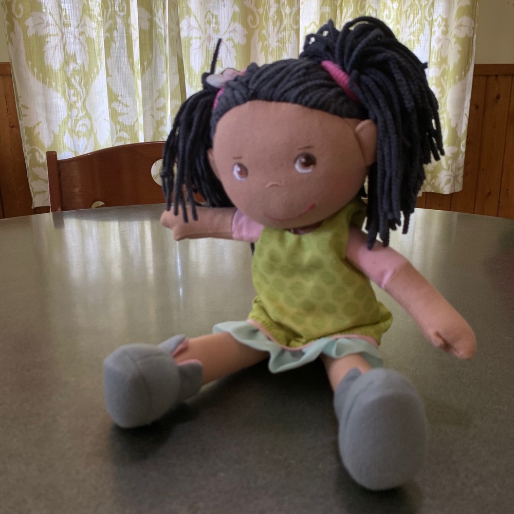 HABA Cari 12" Brown Baby Doll Black Hair Pigtails Soft Plush Rag Green Dot Dress